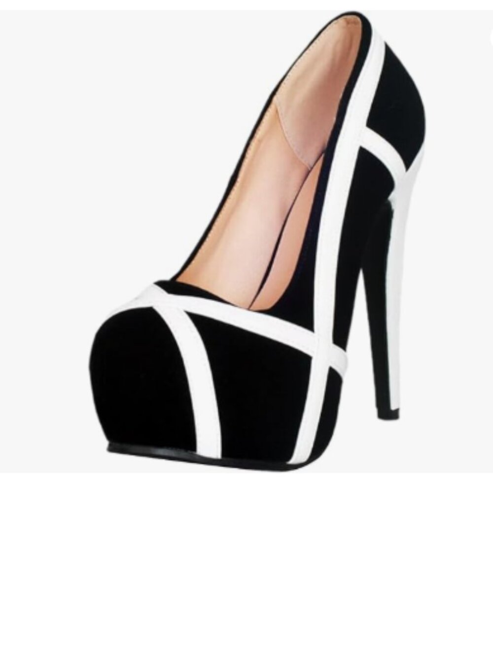 FOWT Black/White Platform Round Toe Pumps Slip on Stiletto High Heels Shoes